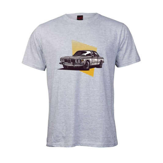 Grey t-shirt with a classic BMW car graphic on a white background