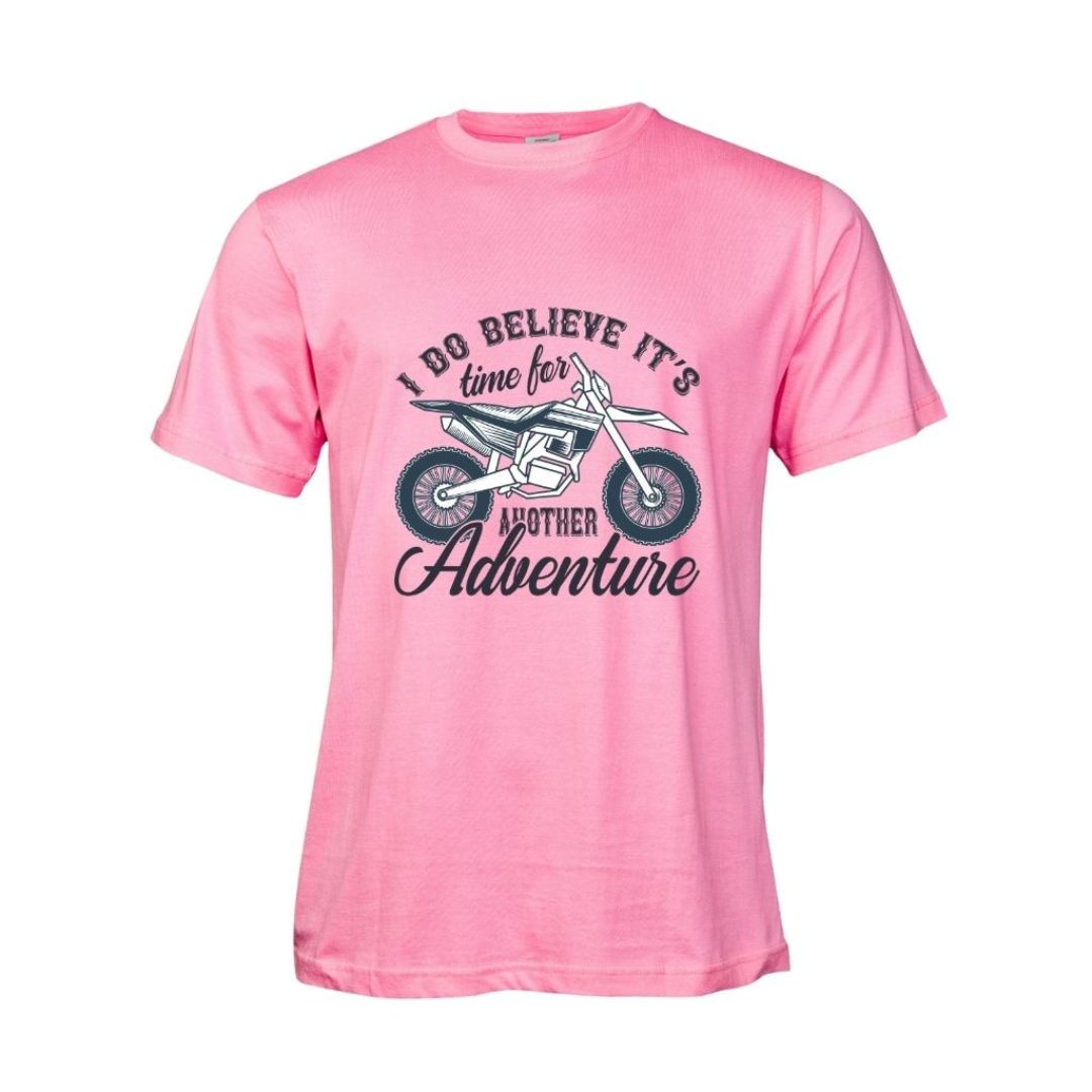 Pink motorbike themed t-shirt with a graphic of a dirt bike and "It's time for another adventure" text on a white background