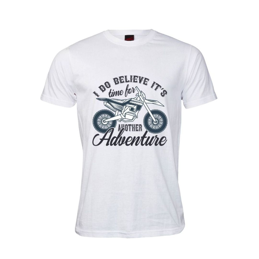 White motorbike themed t-shirt with a graphic of a dirt bike and "It's time for another adventure" text on a white background