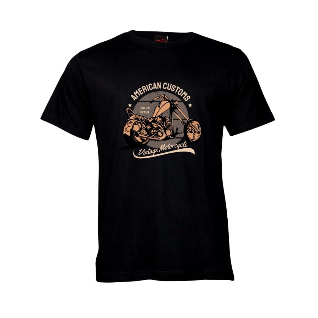 Black t-shirt with vintage style motorcycle graphic and 'American Customs' text on a white background