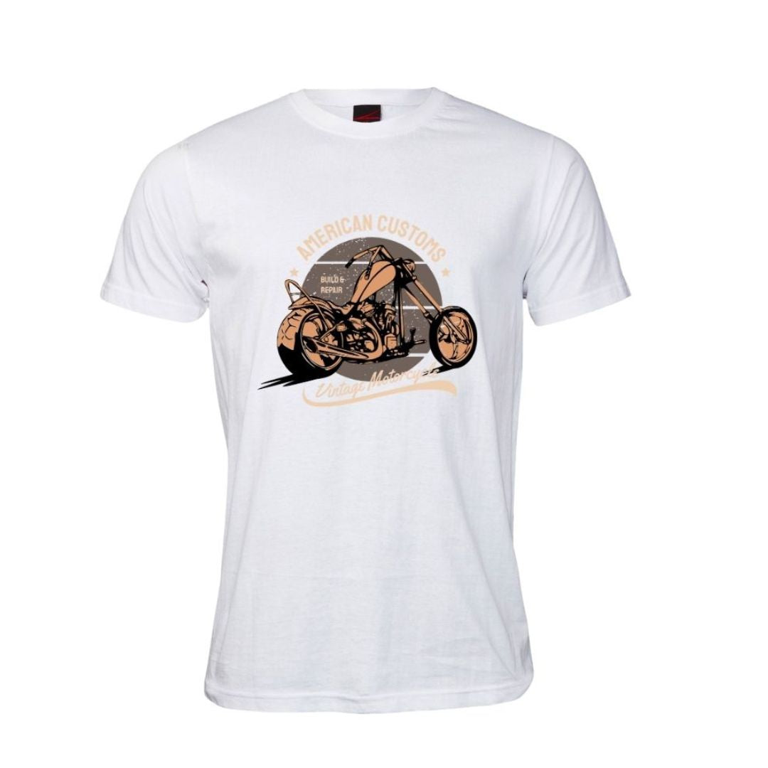 White t-shirt with vintage style motorcycle graphic and 'American Customs' text on a white background