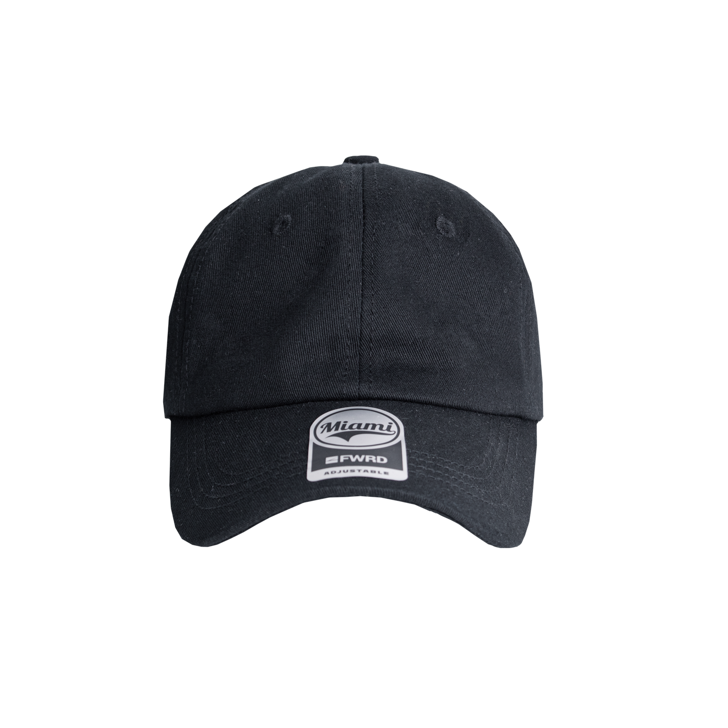 Black 6 panel peak cap on a transparent background