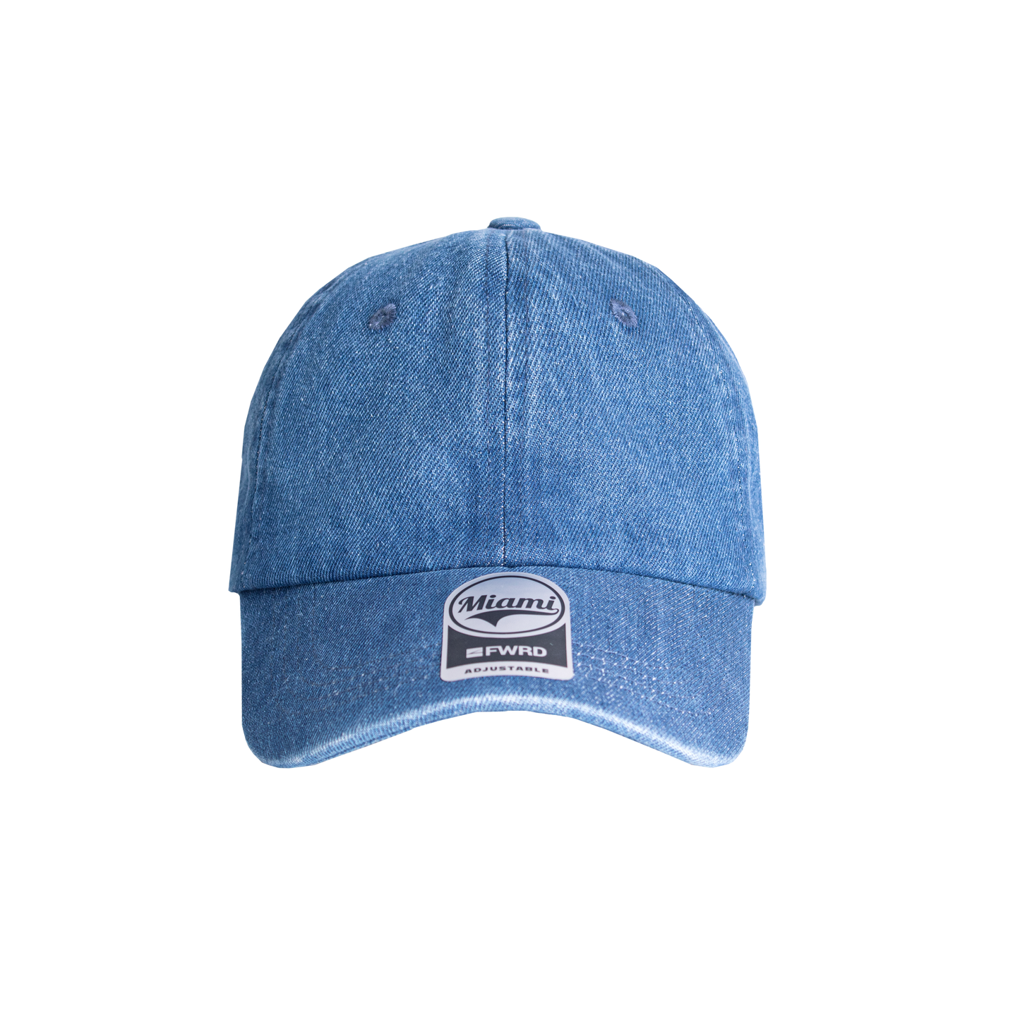 Denim 6 panel peak cap on a transparent background