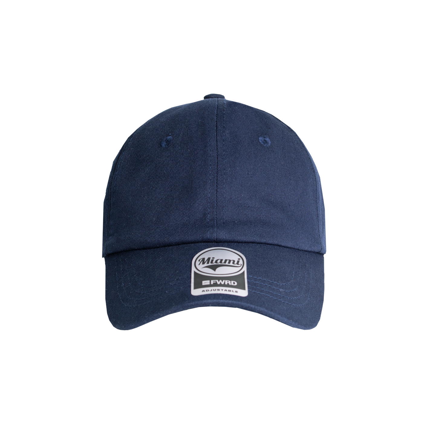 Navy 6 panel peak cap on a transparent background