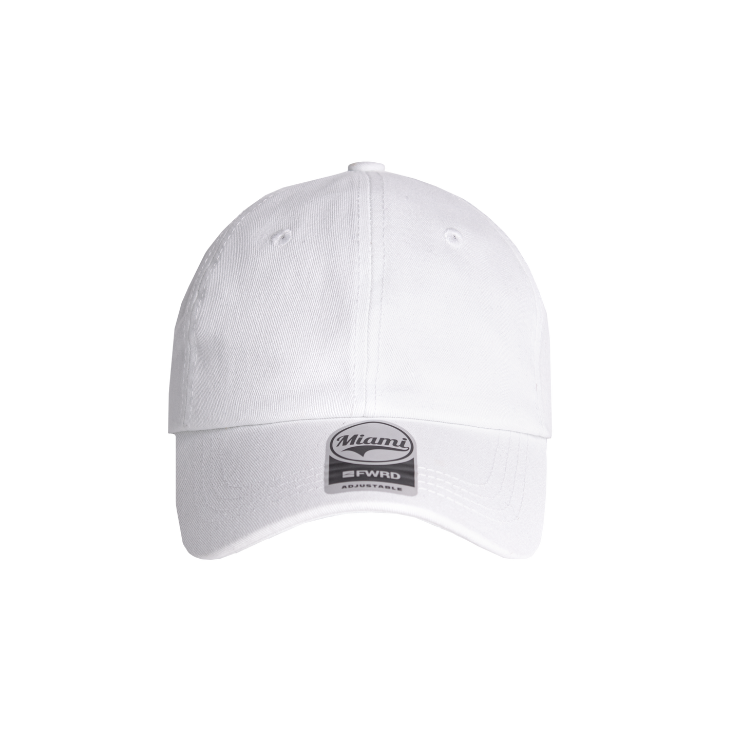 White 6 panel peak cap on a transparent background