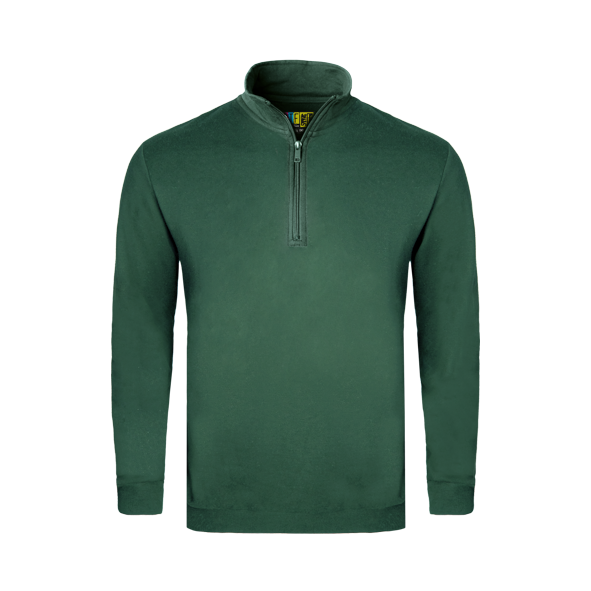 Bottle Green long-sleeve sweater with a quarter zip on a transparent background