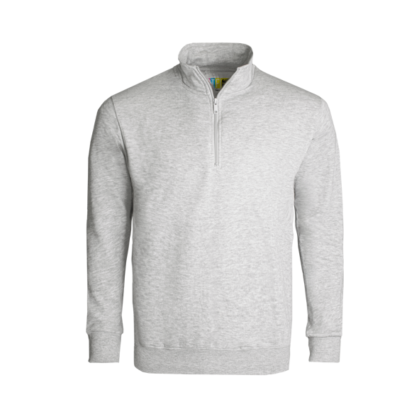 Grey Melange long-sleeve sweater with a quarter zip on a transparent background