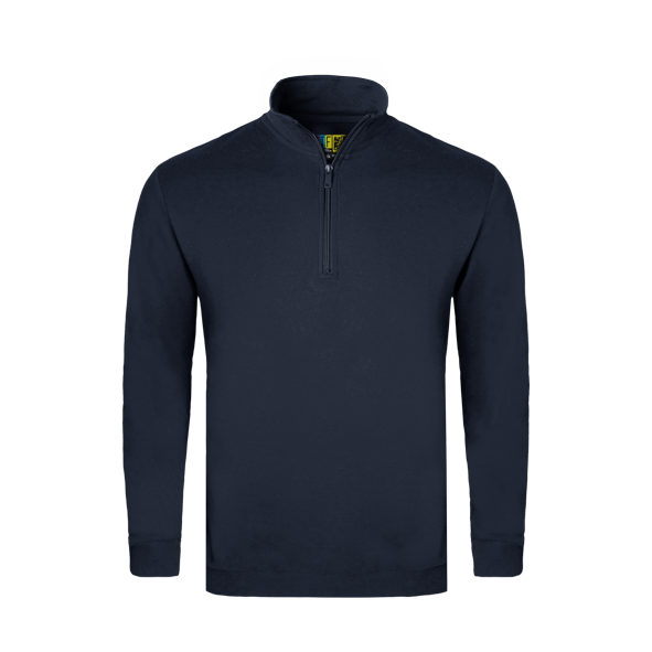 Navy long-sleeve sweater with a quarter zip on a transparent background