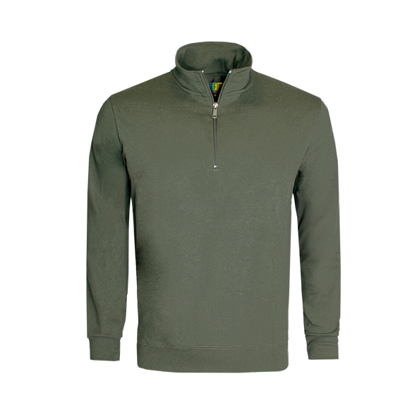 Olive long-sleeve sweater with a quarter zip on a transparent background