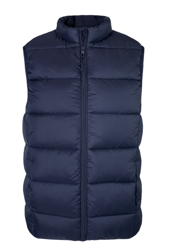 Navy blue puffer vest on a transparent background