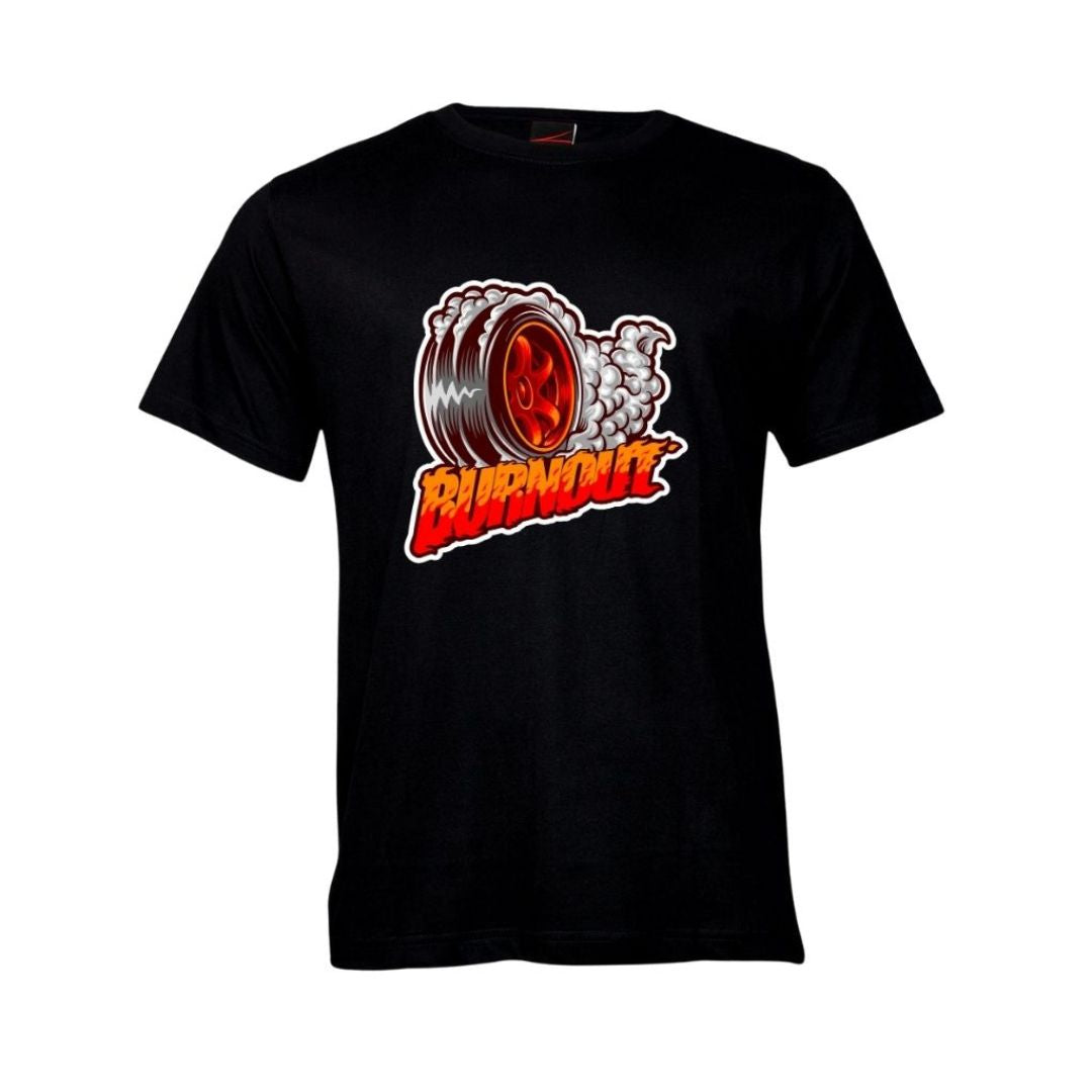 Black t-shirt with a smoking tyre graphic and 'Burnout' text on a white background