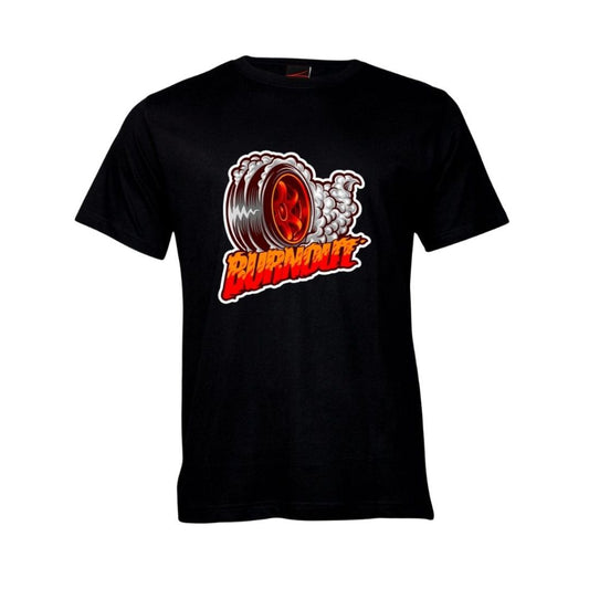 Black t-shirt with a smoking tyre graphic and 'Burnout' text on a white background