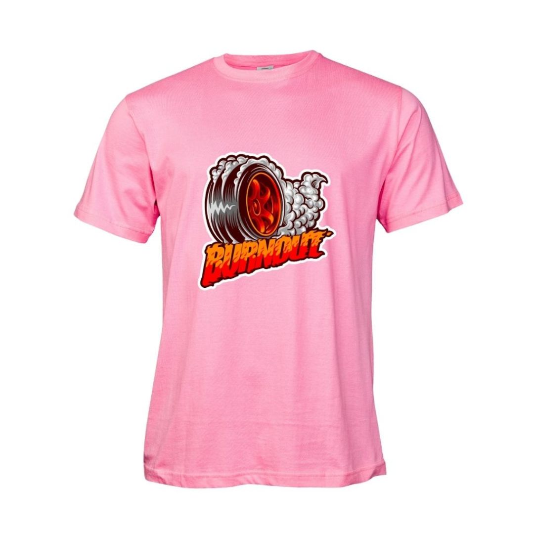 Pink t-shirt with a smoking tyre graphic and 'Burnout' text on a white background