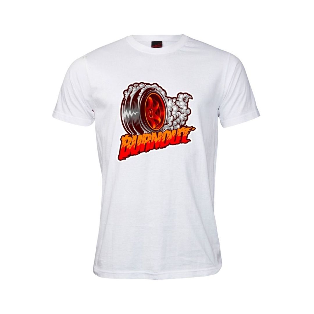 White t-shirt with a smoking tyre graphic and 'Burnout' text on a white background