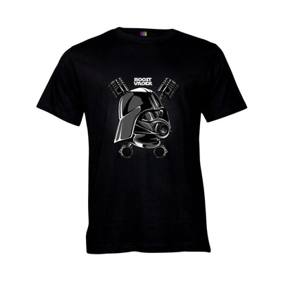 Black t-shirt with a Car theme Darth Vader like graphic and "Boost Vader" text on a white background