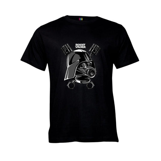 Black t-shirt with a Car theme Darth Vader like graphic and "Boost Vader" text on a white background