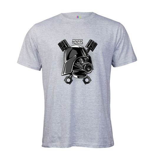 Grey t-shirt with a Car theme Darth Vader like graphic and "Boost Vader" text on a white background
