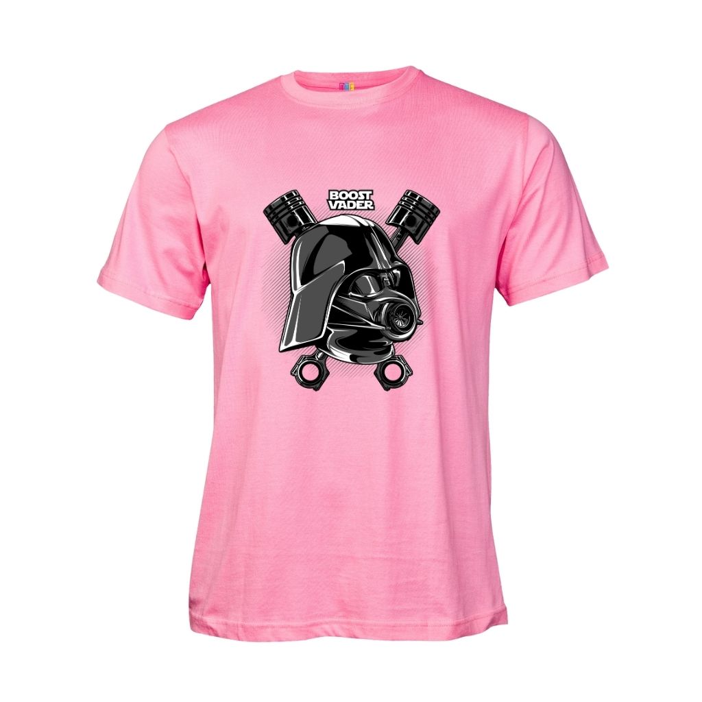 Pink t-shirt with a Car theme Darth Vader like graphic and "Boost Vader" text on a white background