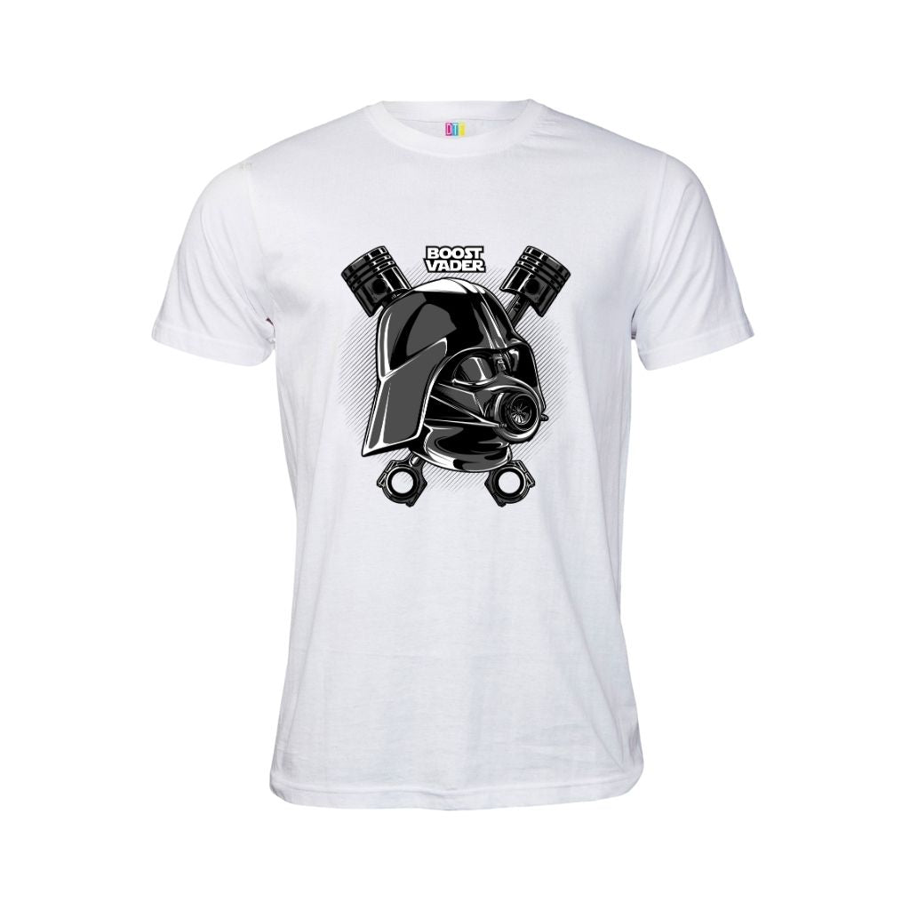White t-shirt with a Car theme Darth Vader like graphic and "Boost Vader" text on a white background