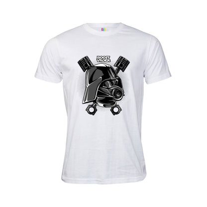 White t-shirt with a Car theme Darth Vader like graphic and "Boost Vader" text on a white background