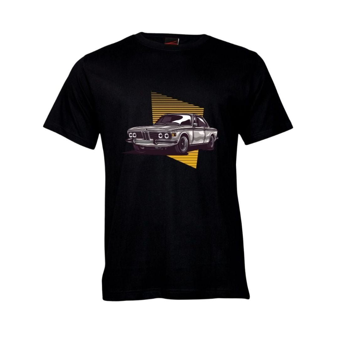 Black t-shirt with a classic BMW car graphic on a white background