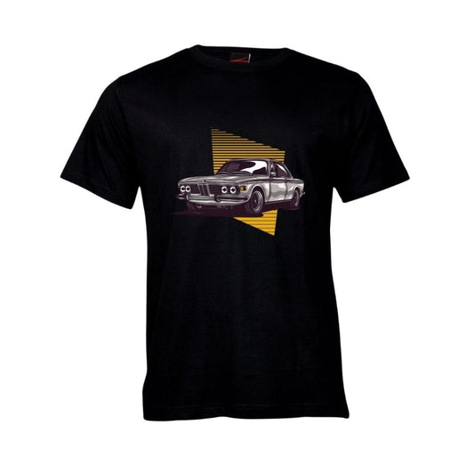 Black t-shirt with a classic BMW car graphic on a white background