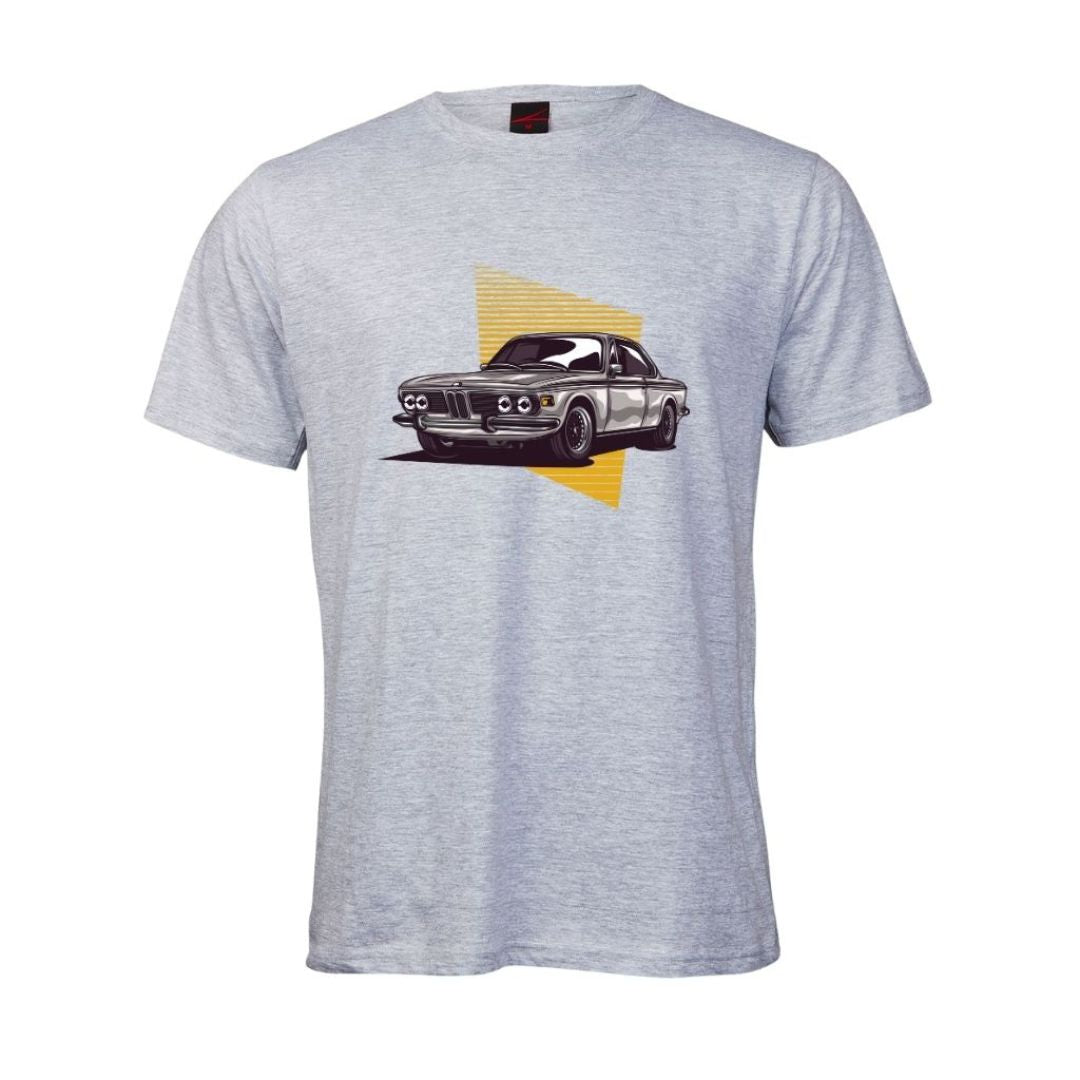 Grey t-shirt with a classic BMW car graphic on a white background