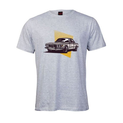 Grey t-shirt with a classic BMW car graphic on a white background