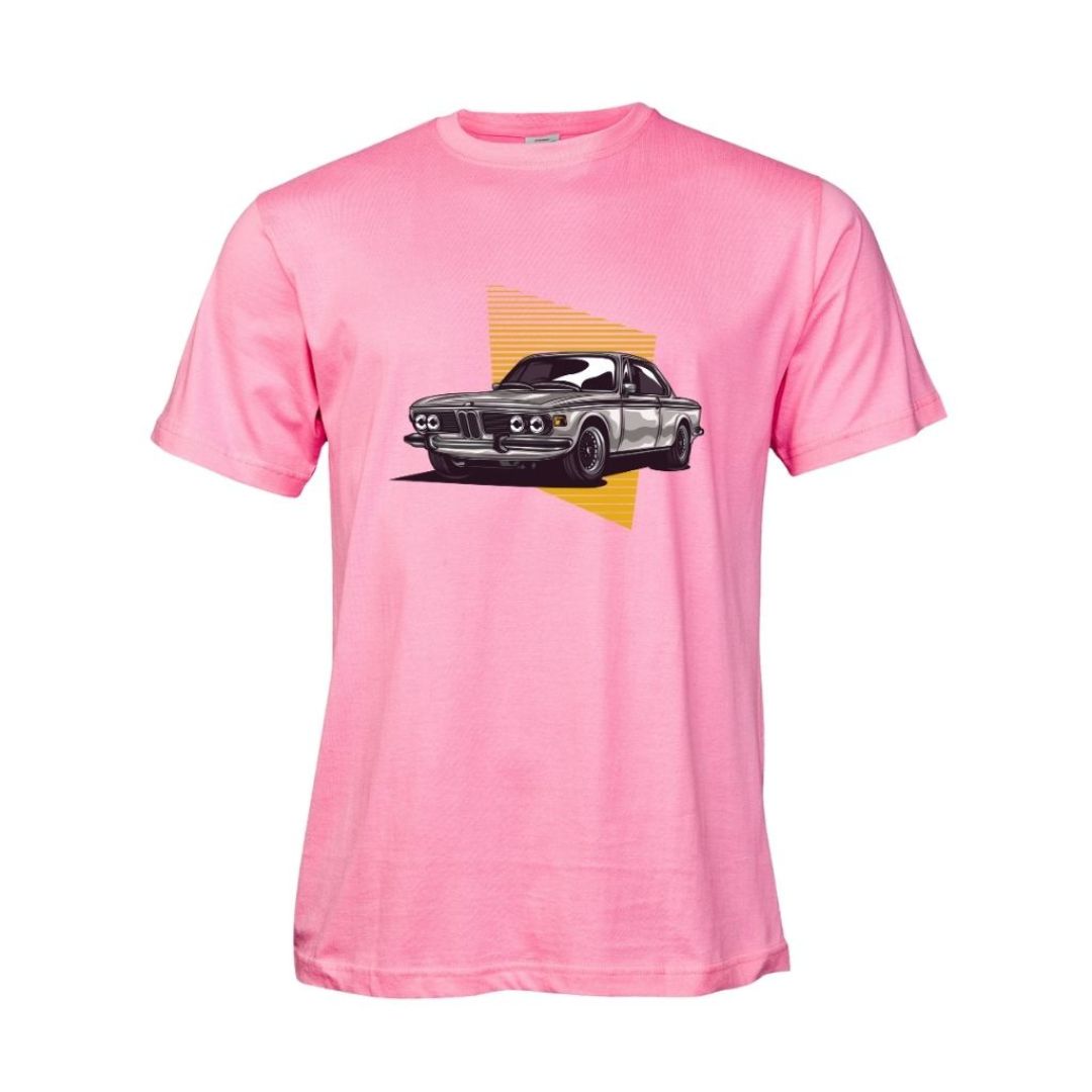 Pink t-shirt with a classic BMW car graphic on a white background