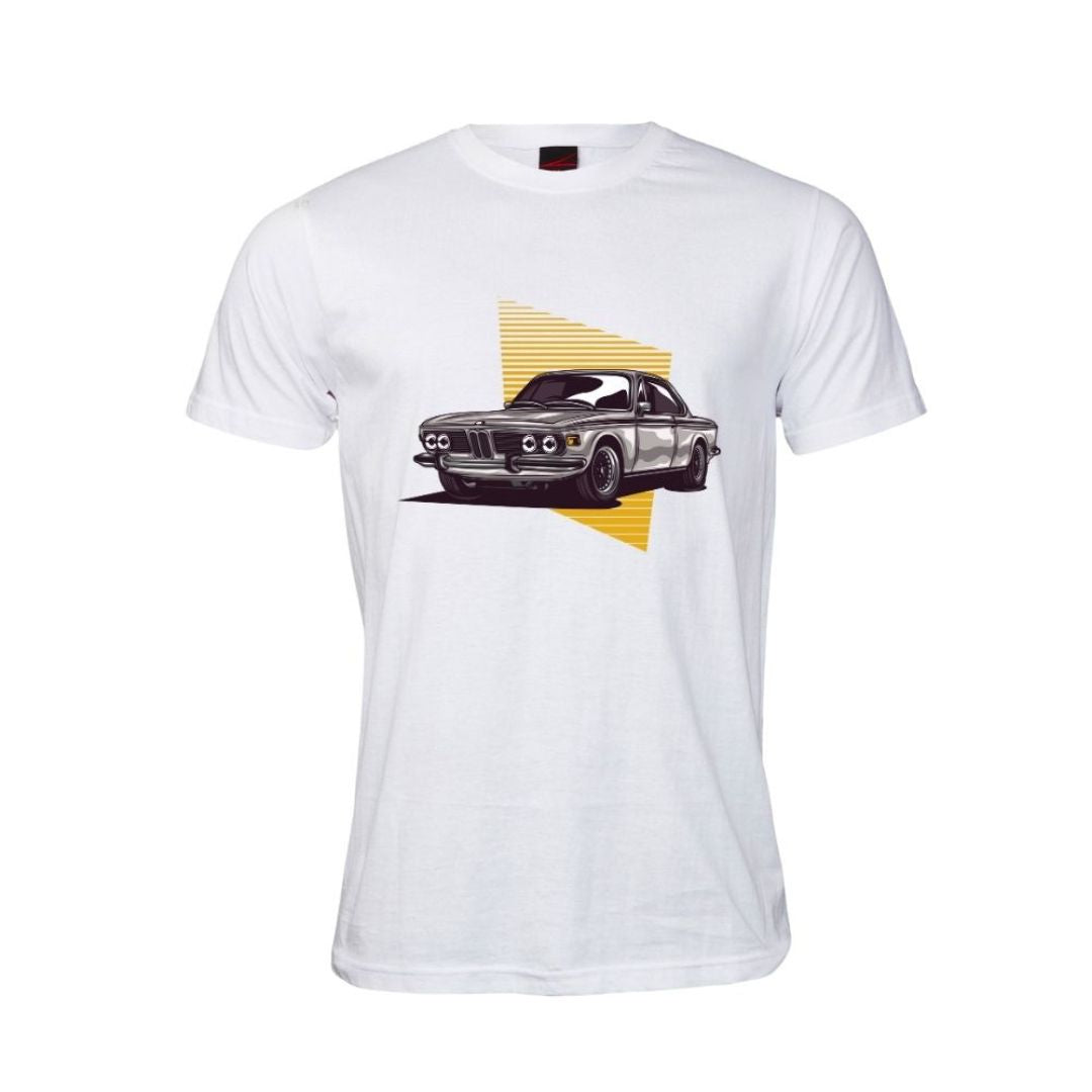 White t-shirt with a classic BMW car graphic on a white background