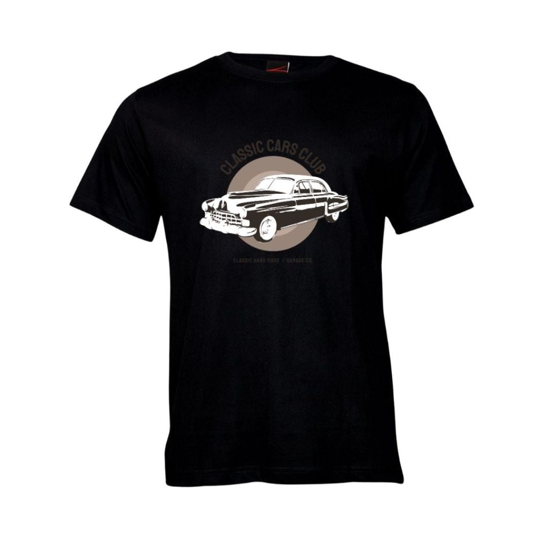 Black t-shirt with a classic car graphic and 'Classic Cars Club' text on a white background