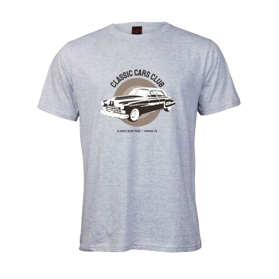 Gray t-shirt with classic car graphic and 'Classic Cars Club' text on a white background