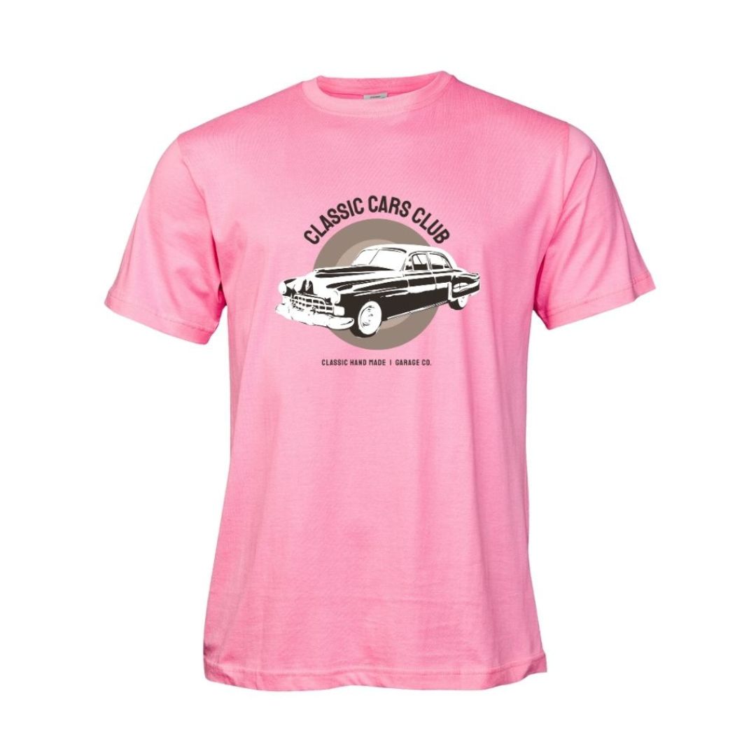 Pink t-shirt with classic car graphic and 'Classic Cars Club' text on a white background
