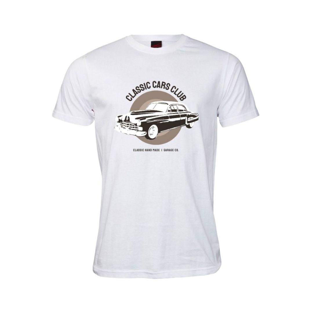 White t-shirt with classic car graphic and 'Classic Cars Club' text on a white background