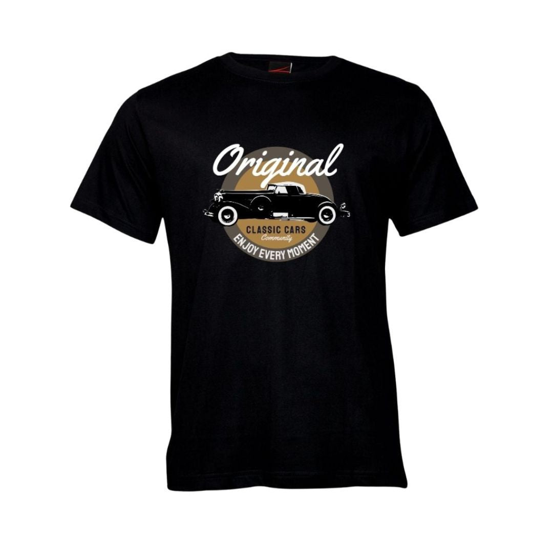Black t-shirt with vintage car graphic and text on a white background