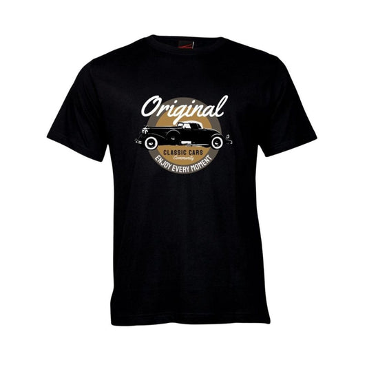 Black t-shirt with vintage car graphic and text on a white background