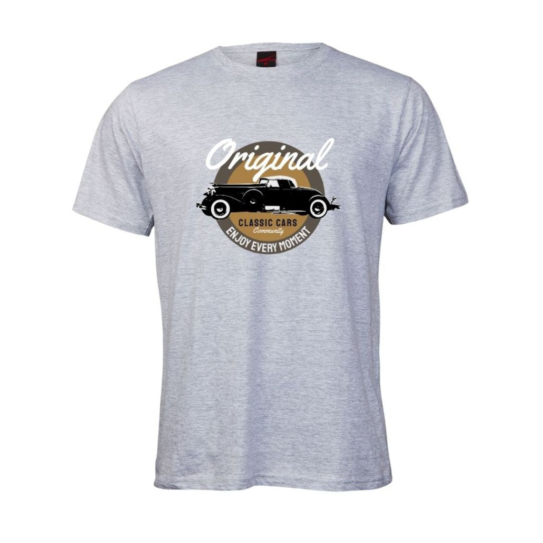 Gray t-shirt with vintage car graphic and text on a white background