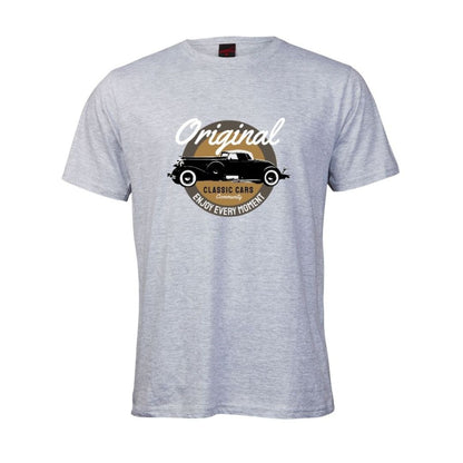 Gray t-shirt with vintage car graphic and text on a white background
