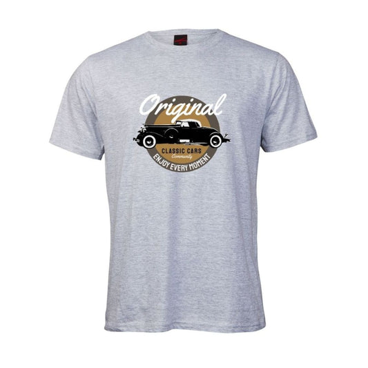 Gray t-shirt with vintage car graphic and text on a white background