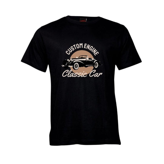 Black t-shirt with 'Custom Engine Classic Car' graphic on a white background