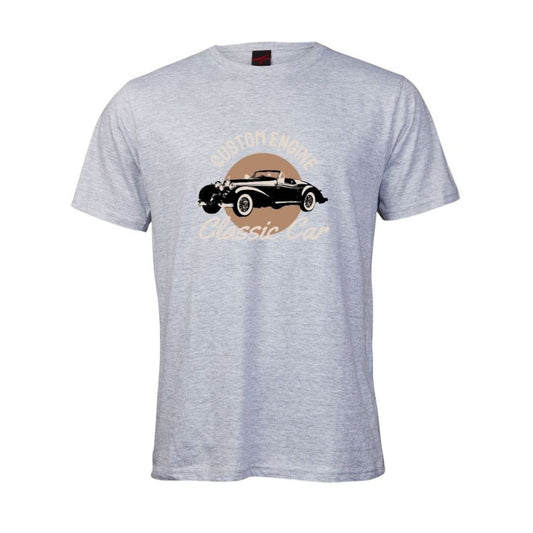 Grey t-shirt with vintage car graphic and text on a white background