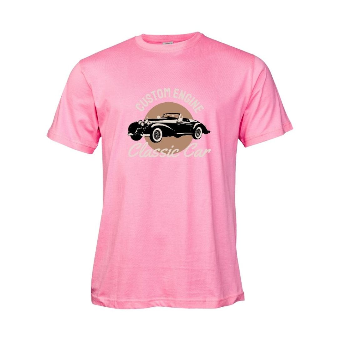Pink t-shirt with vintage car graphic and text on a white background