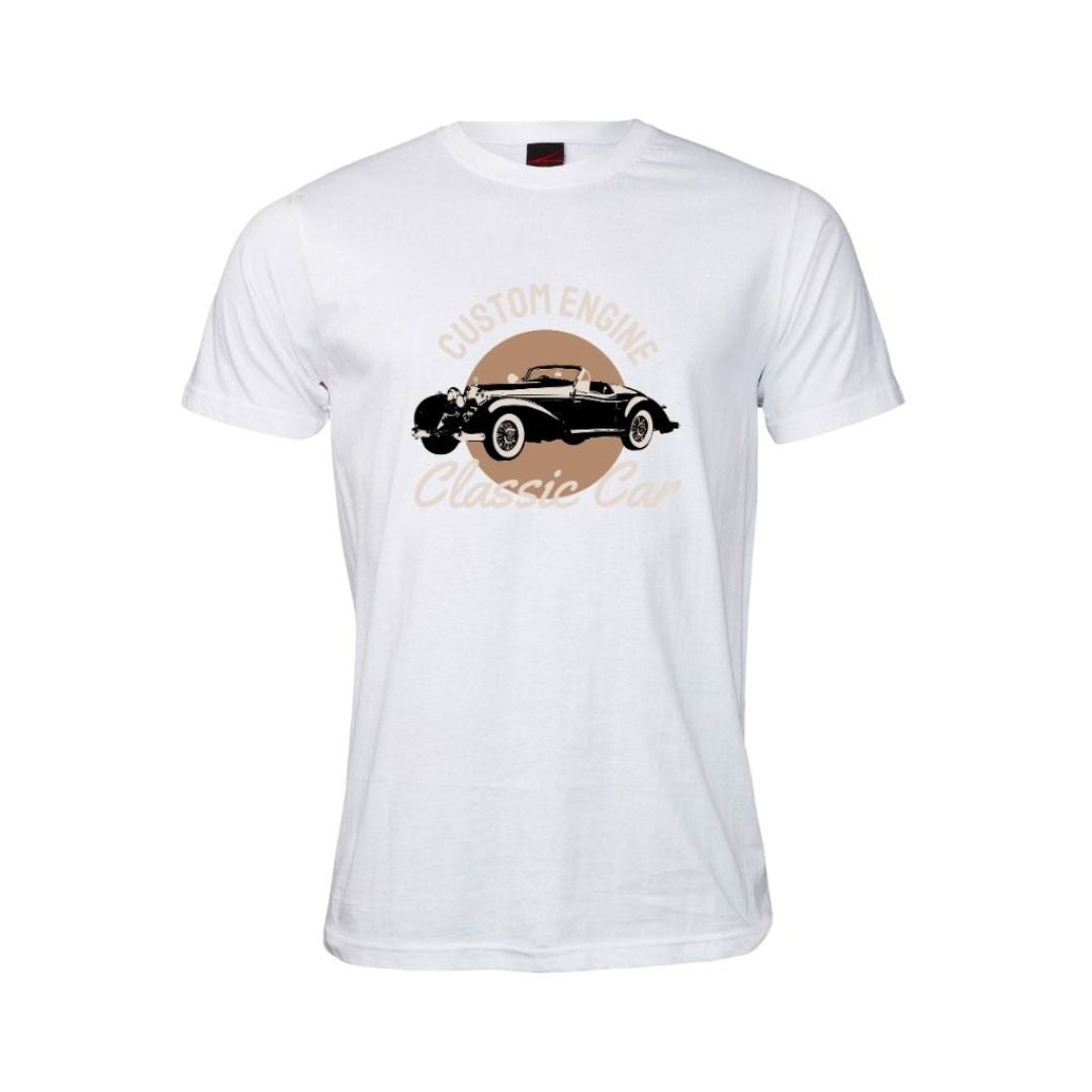 White t-shirt with vintage car graphic and text on a white background