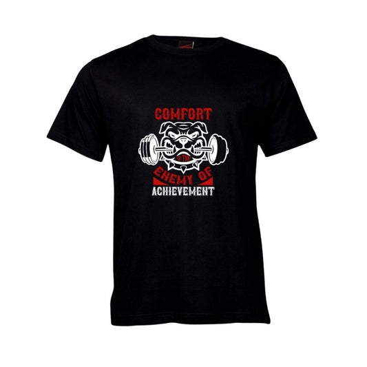 Black Fitness Themed t-shirt with red and white "Comfort is the enemy of achievement" text and bulldog with dumbbell graphics on a white background