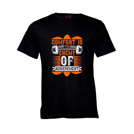 Black Fitness Themed t-shirt with orange and white "Comfort is the enemy of achievement" text and dumbbell graphics on a white background