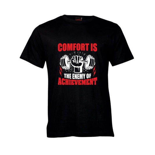 Black Fitness Themed t-shirt with red and white "Comfort is the enemy of achievement" text and dumbbell graphics on a white background