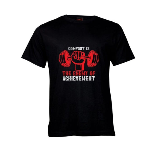 Black Fitness Themed t-shirt with red and white "Comfort is the enemy of achievement" text and dumbbell graphics on a white background