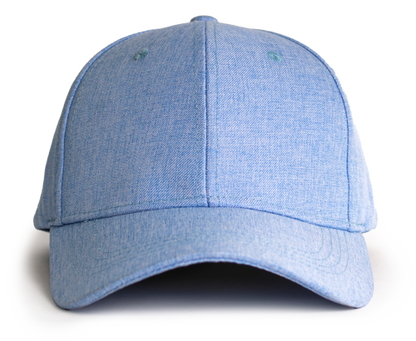 Light blue linen baseball style cap on a white background