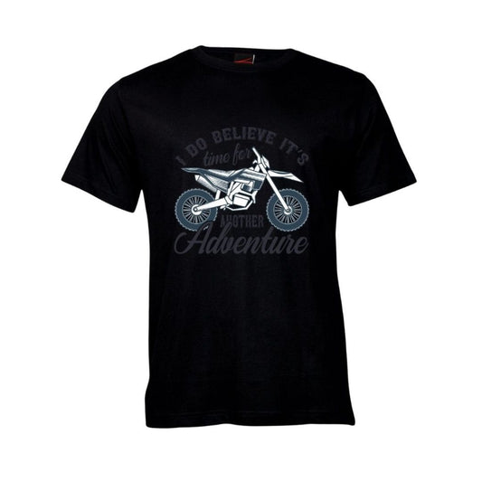 Black motorbike themed t-shirt with a graphic of a dirt bike and "It's time for another adventure" text on a white background
