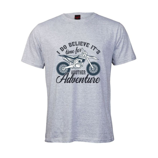 Grey motorbike themed t-shirt with a graphic of a dirt bike and "It's time for another adventure" text on a white background